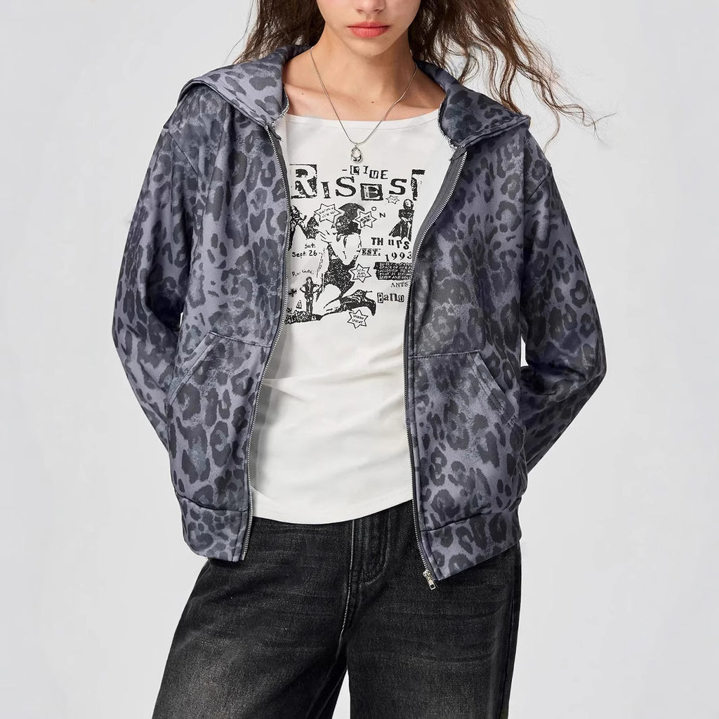 Women Clothing Autumn Winter Vintage Leopard Print Hooded Jacket - ALZO
