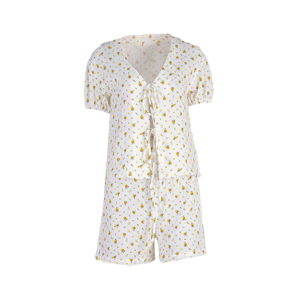 Cotton Print Short Sleeve Shorts Set Summer Lace up Puff Sleeve Loose Shorts Sets