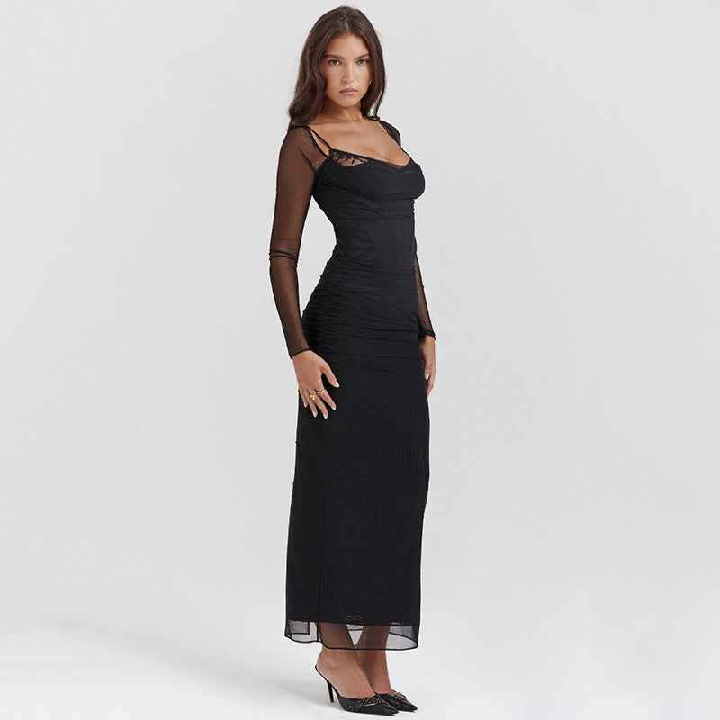 Autumn Long Sleeve Spaghetti Strap Dress Women Sexy Backless Tight Split Maxi Dress