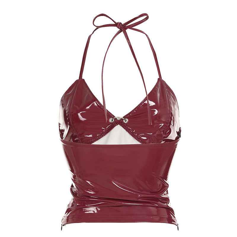 Wine Red Retro Sexy Faux Leather Camisole Top Personality Street Backless Halter Lace up Zip Vest