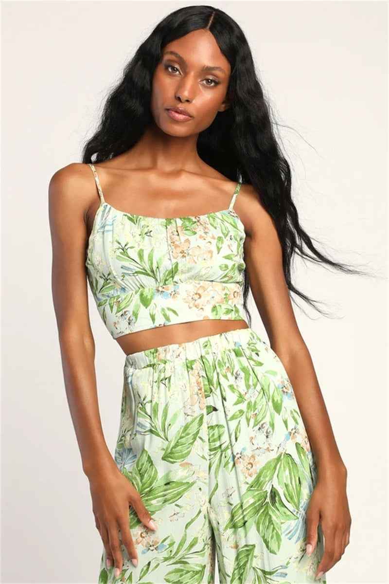 Casual Sexy Sling Vest High Waist Print Wide Leg Pants Two Piece Sets
