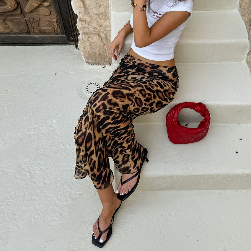 Retro Summer Classic Leopard Pattern Mid Waist Floor Skirt Slim Fishtail Skirt Women Clothing - ALZO