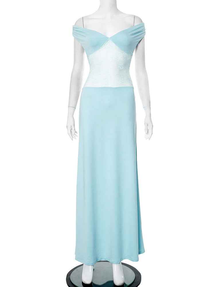 Women Clothing Solid Color off Shoulder Backless Lace Stitching A line Maxi Dress