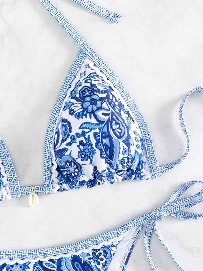 Print Split Blue White Porcelain Bikini Two Piece Sets Women Swimsuit