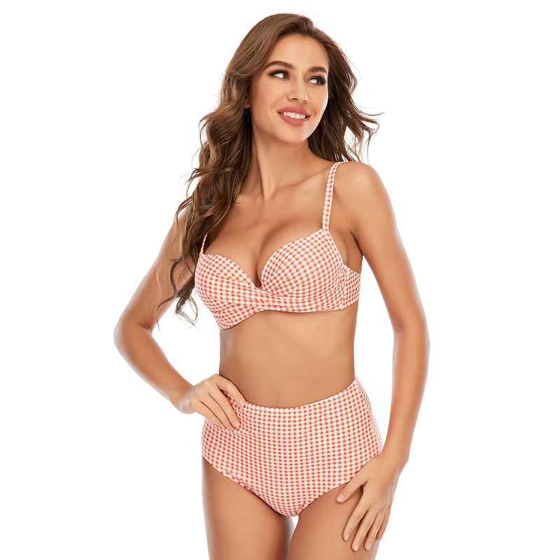 Women Bikini Multicolor Plaid Push Up Split Swimsuit Beach Vacation Swimsuit