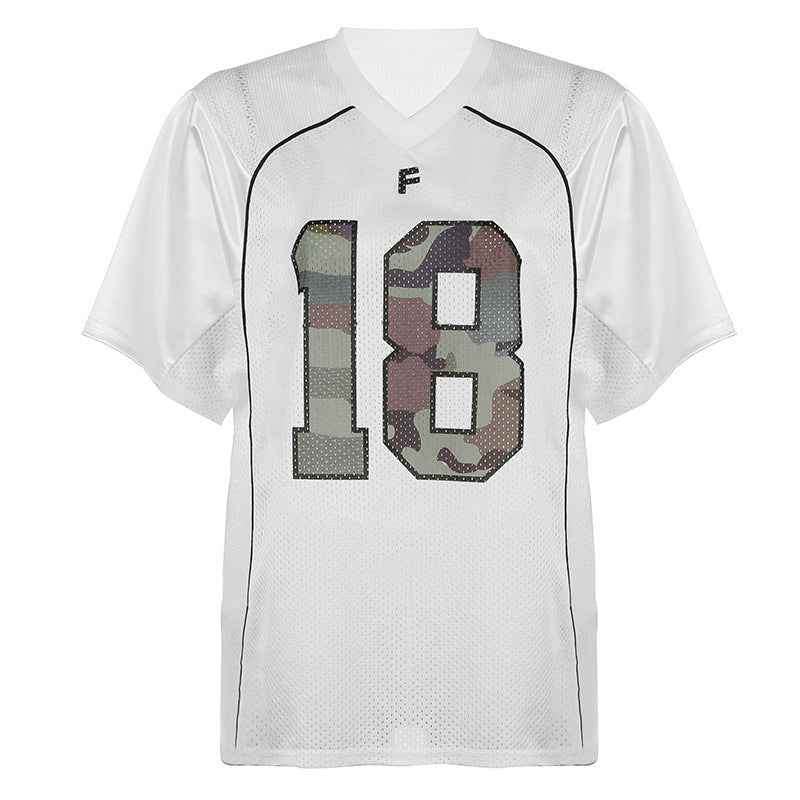 Street Numbers Camouflage Print Contrast Color V neck Loose T shirt Trendy Ball Uniform Casual Top