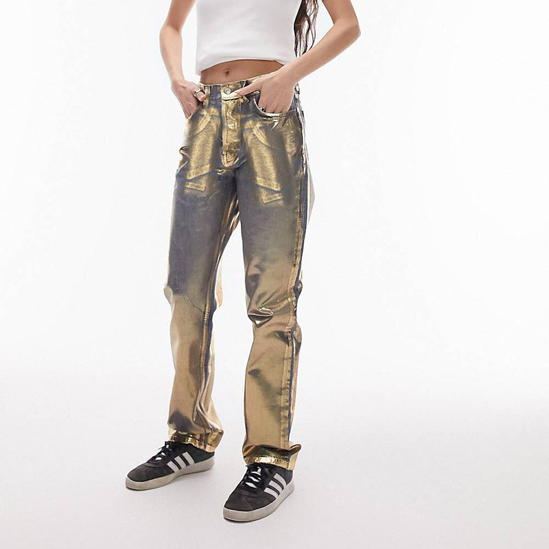 Metallic Coated Fabric Women Clothing Autumn Winter Street Bronzing Pocket Straight Denim Trousers - ALZO