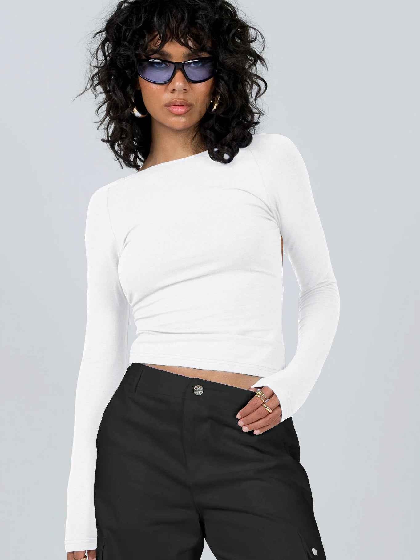 Summer Bare Back Top Long Sleeve Sexy Shoulder T shirt for Women