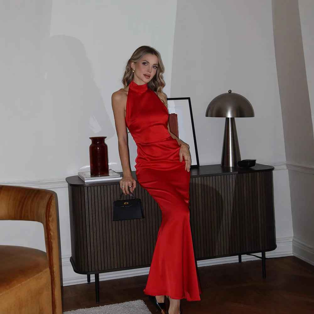 Elegance Sleeveless Halter Slim Fit Backless Satin Fashionable Simple Fishtail Hip Dress