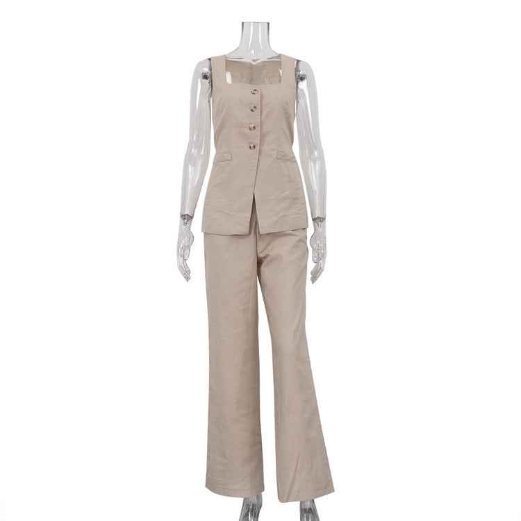 Cotton Linen Women Office Sleeveless Square Collar Lace up Vest Jacket High Waist Wide Leg Pants Two Piece Set