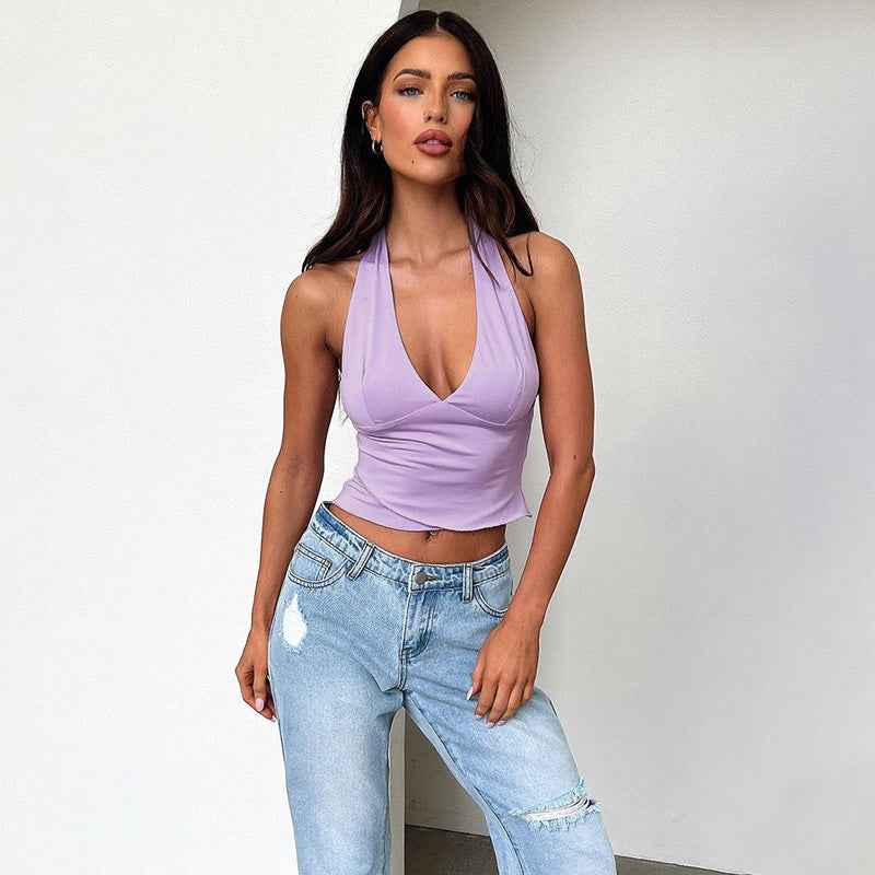 Collar Solid Color Slimming Halter Lace up Camisole Women Sexy Top