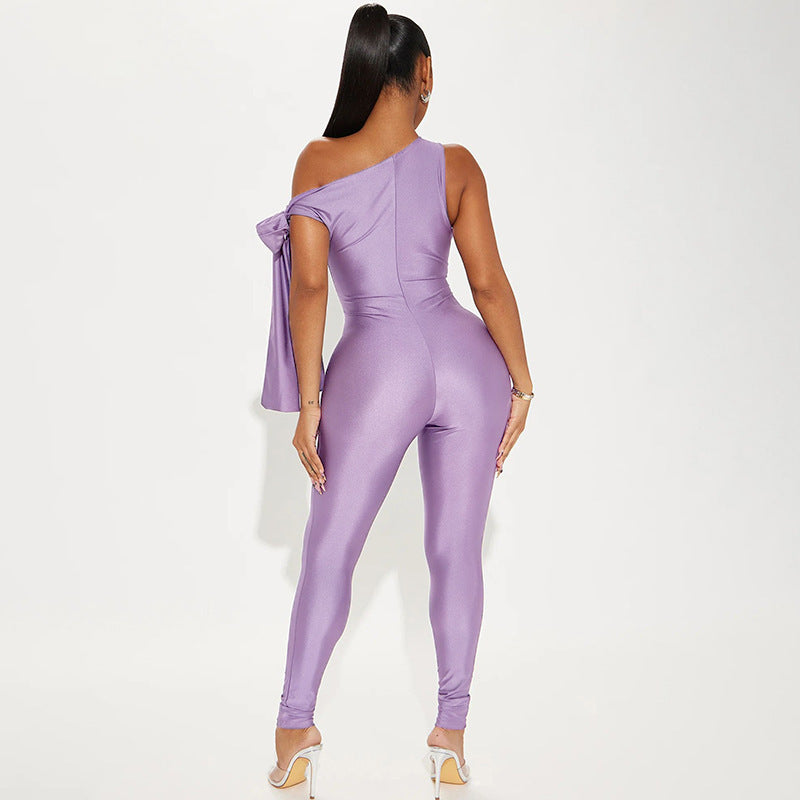 Women Clothing Summer One Shoulder Sexy Twisted Asymmetric Tight Jumpsuit - ALZO