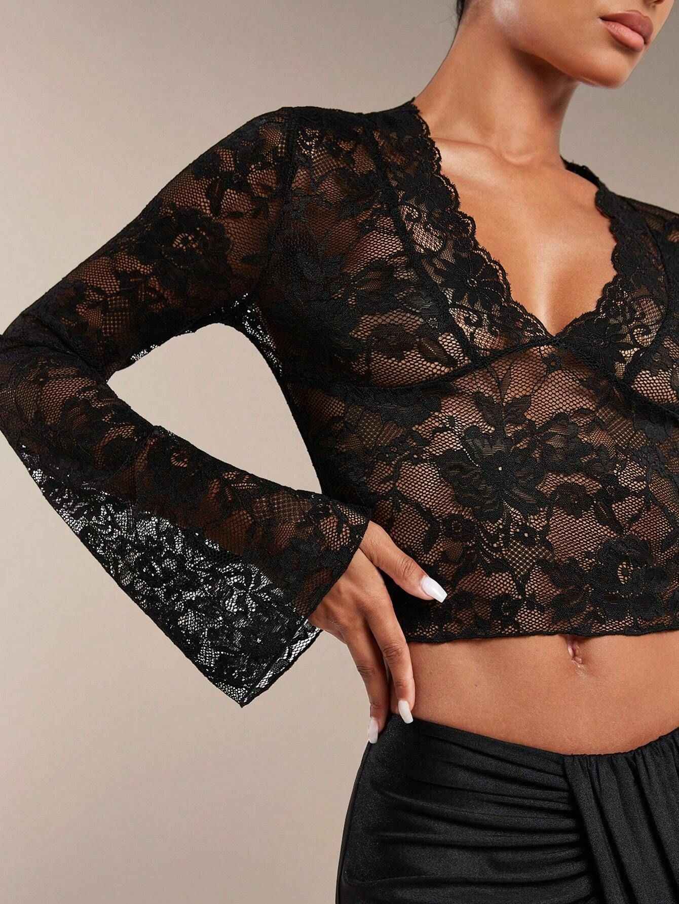 Women Solid Color Sexy Transparent Lace V neck Tight Flared Long Sleeve Top