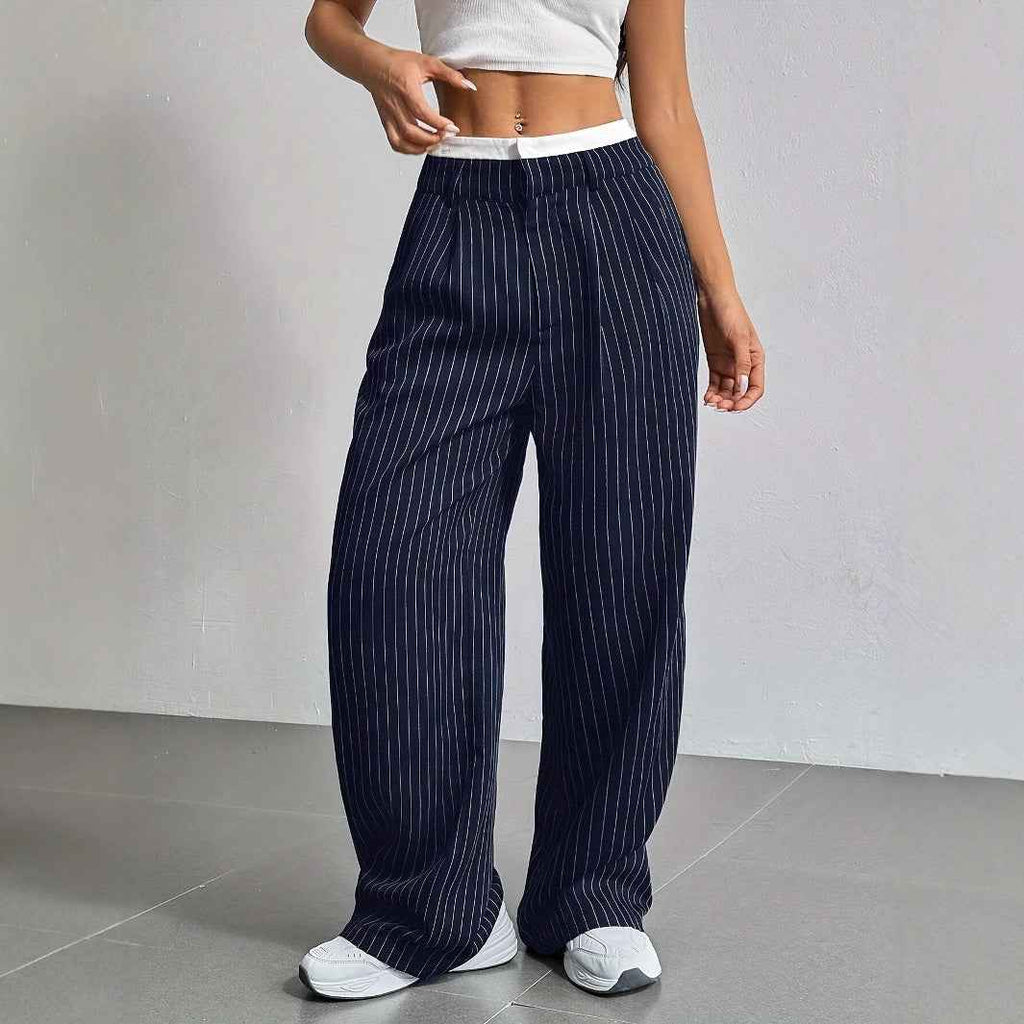 Autumn Winter Casual High Waist Stitching Work Pant Simple Loose Drooping Straight Leg Pants