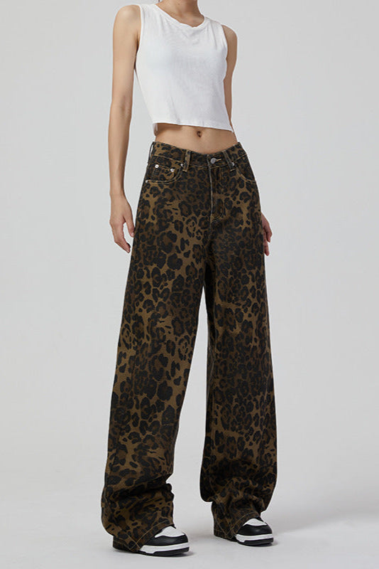 Retro Wide Leg Jeans Women High Street Leopard Print Loose Slimming Wide Leg Pants Jeans - ALZO