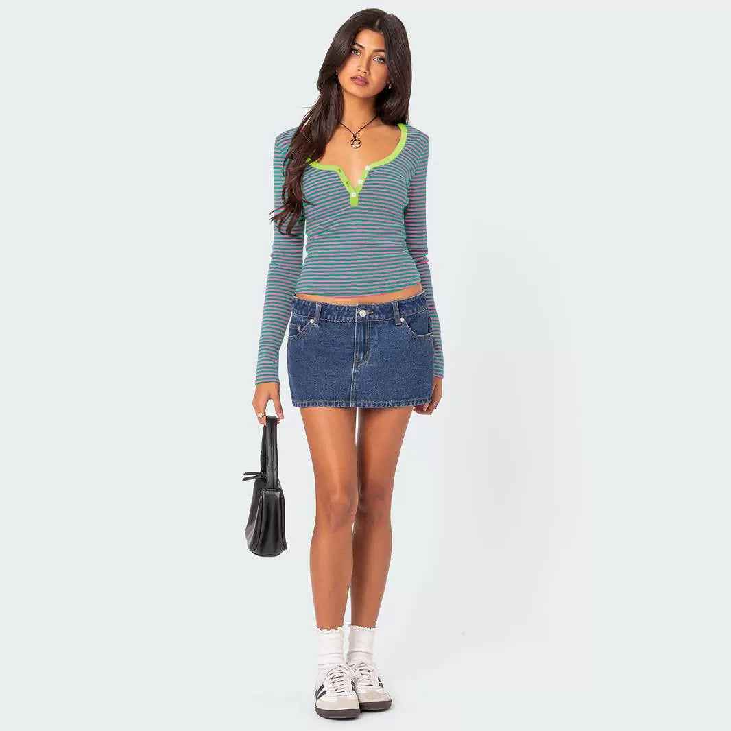 Contrast Color Striped Sweater Clothes Women Top Button Slim Fit Shoulder T shirt Pure Cotton