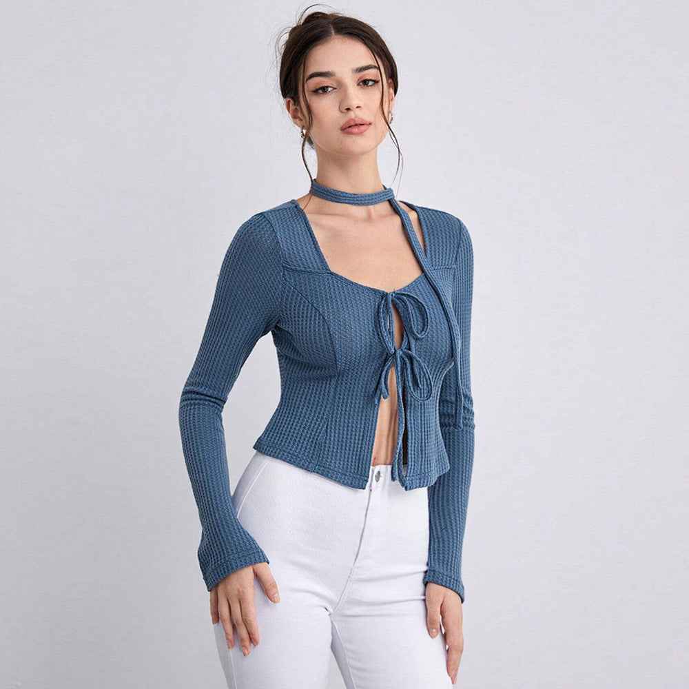 Sexy Cardigan Autumn Winter Women Clothing Lace up Cutout Waffle Long Sleeved T shirt Top