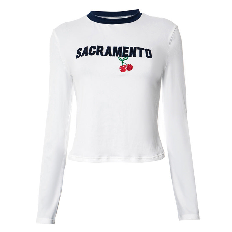 Contrast Color Letters Cherry Embroidery round Neck Pullover Long Sleeve Top Women All Matching - ALZO