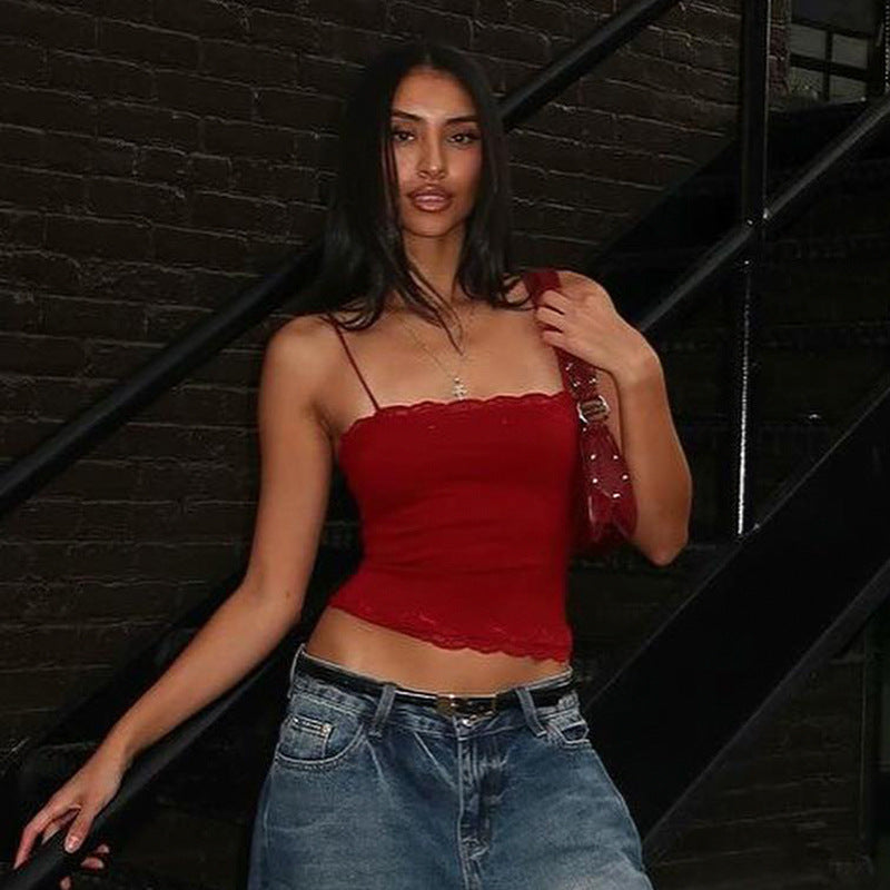 Summer Sexy Lace Spaghetti Strap Top Skinny Short Tube Top Sexy Basic All Matching Vest - ALZO