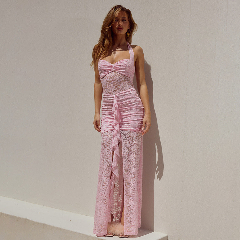 Summer Elegant Halter Lace Maxi Dress Sexy Sleeveless Backless Slim Fit Dress Women - ALZO
