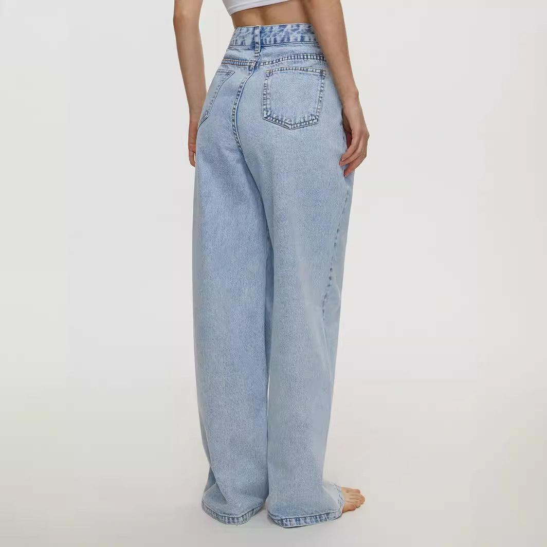 Women Clothing Straight Loose High Waist Denim Trousers - ALZO