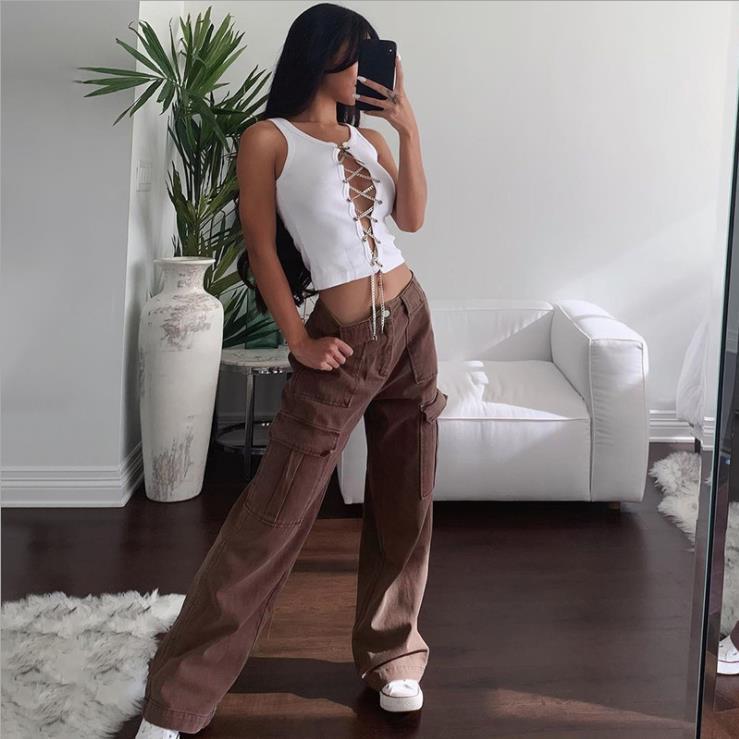 Bellows Pocket Loose High Waist Straight Jeans Cargo Pants Jeans - ALZO