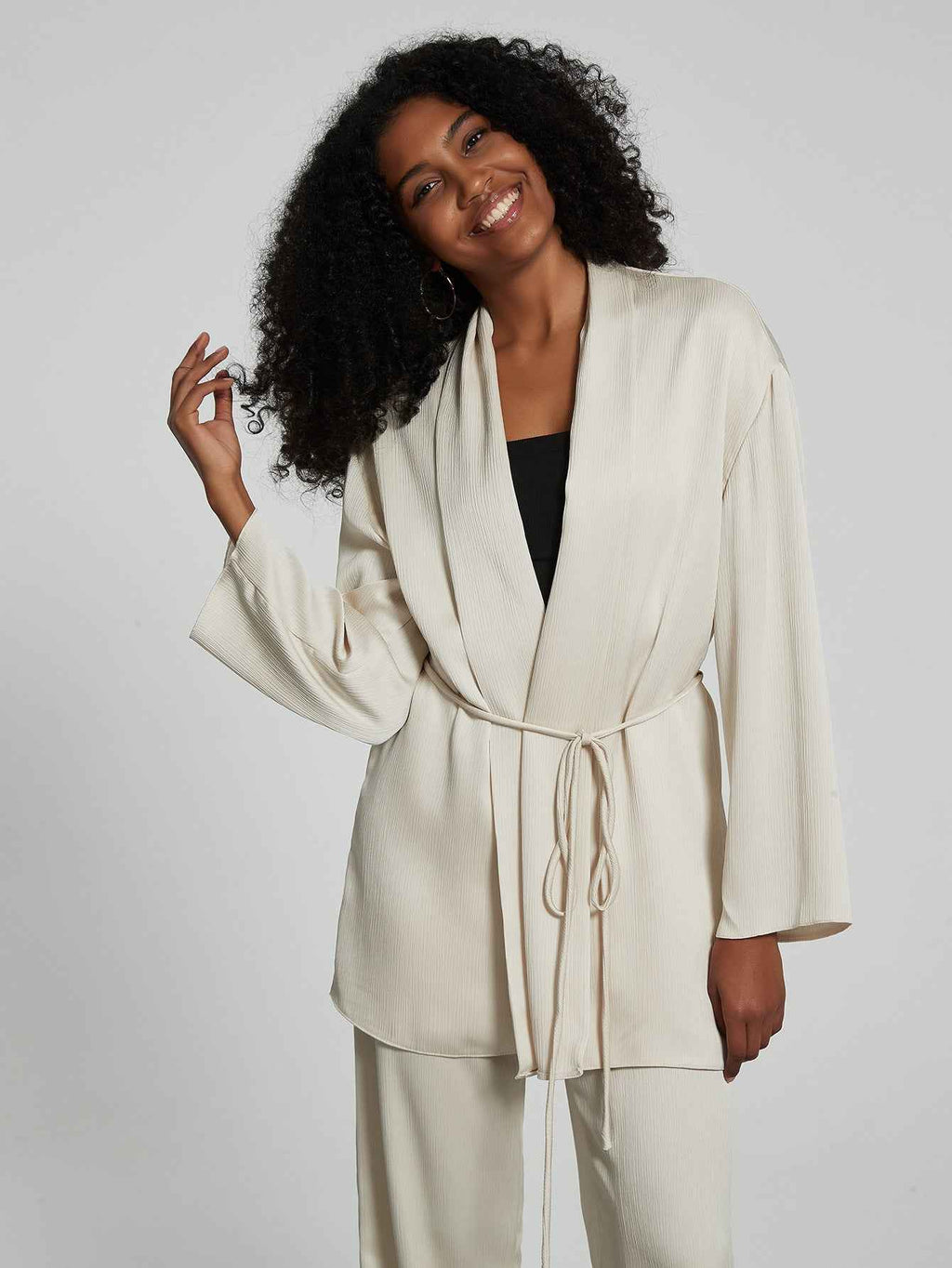 Women Clothing Two Piece Sets Collared Tied Tight Waist Pleated Coat Top Loose Trousers Autumn