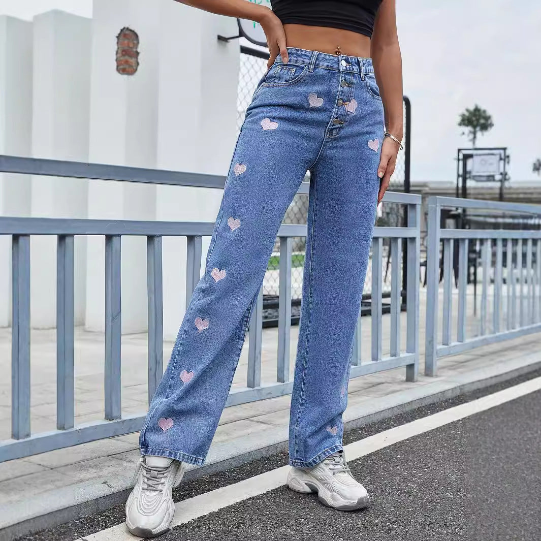Women Clothing Love Embroidered Casual High Waist Straight Jeans Trousers - ALZO