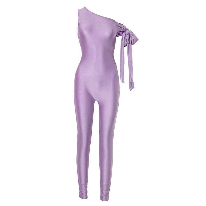 Women Clothing Summer One Shoulder Sexy Twisted Asymmetric Tight Jumpsuit