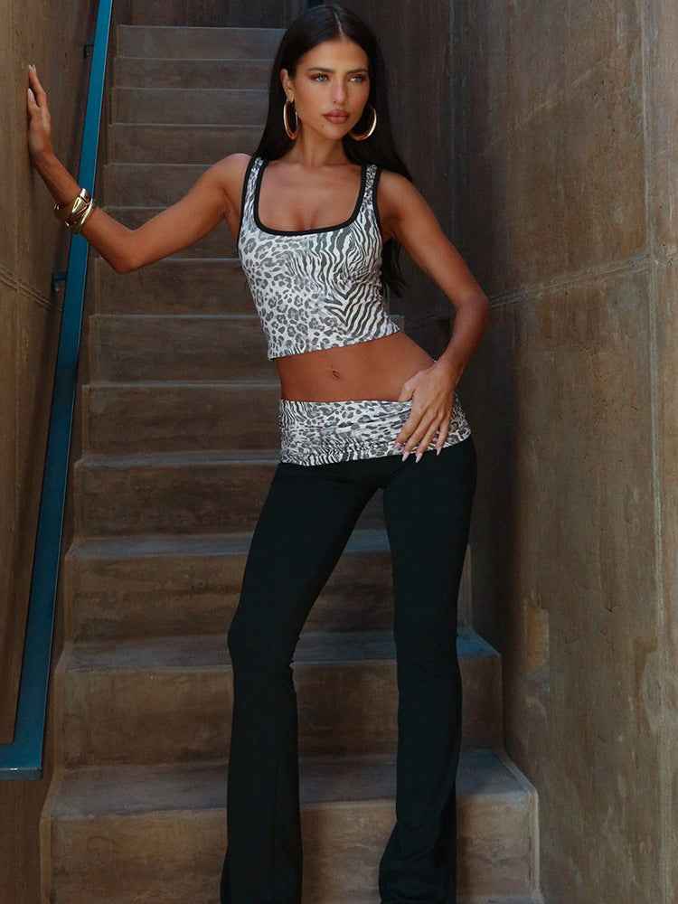 Women Clothing Leopard Print Contrast Color Sleeveless Vest Bootcut Pants Two Piece Sets