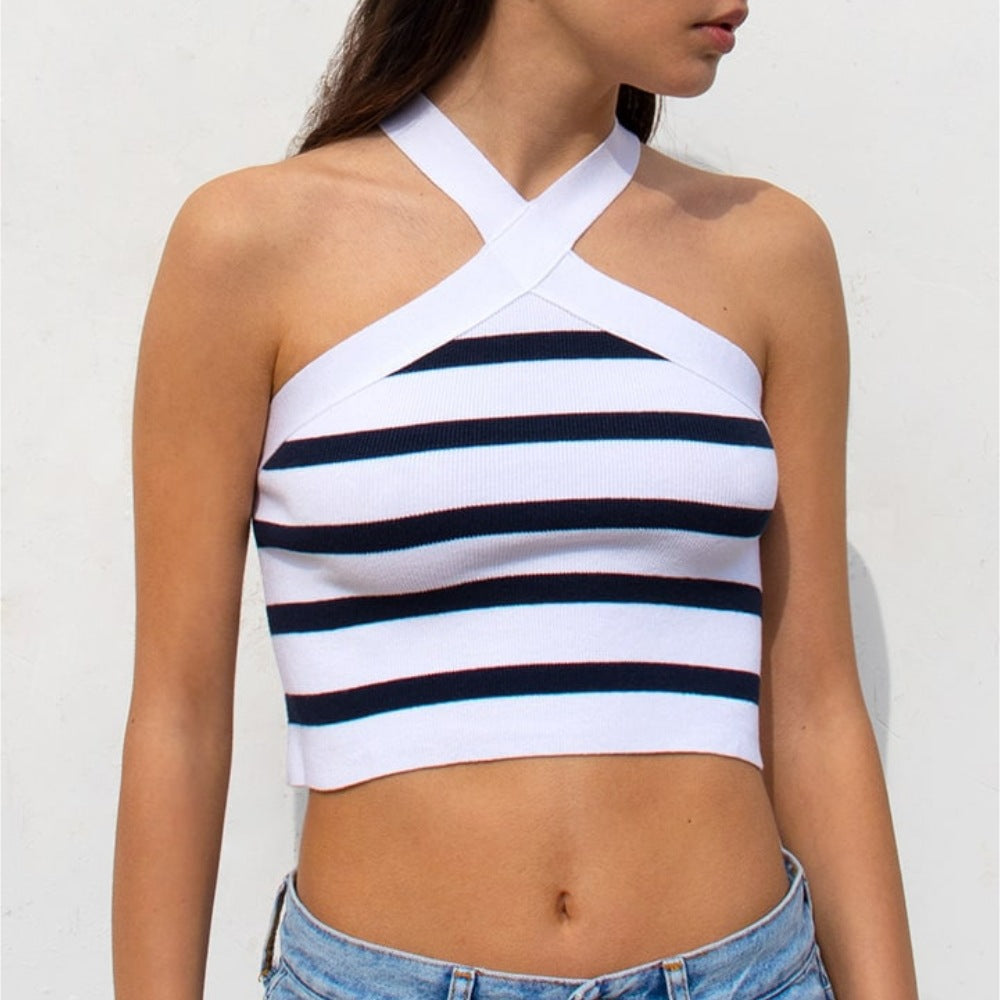 Summer Striped Cross-Halterneck Sexy Knitted Base Tube Top Outer Vest Women Clothing - ALZO
