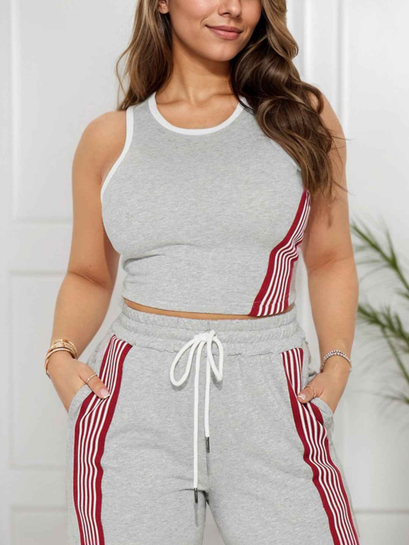 Women Clothing Casual Slim Fit Ribbon Stitching Vest Casual Wide Leg Pants Two Piece Sets Sports Women Clothing