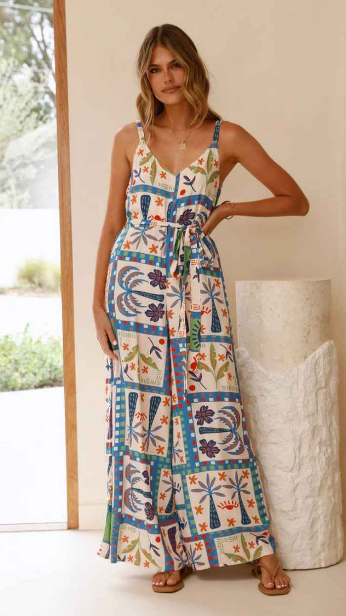 Summer Printed V neck Loose Waistband Waist Trimming Casual Sling Jumpsuit