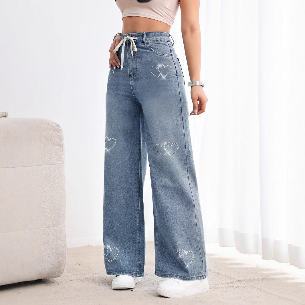 Popular Beaded Metal Washed High Waist Slimming Straight Denim Trousers Jeans - ALZO