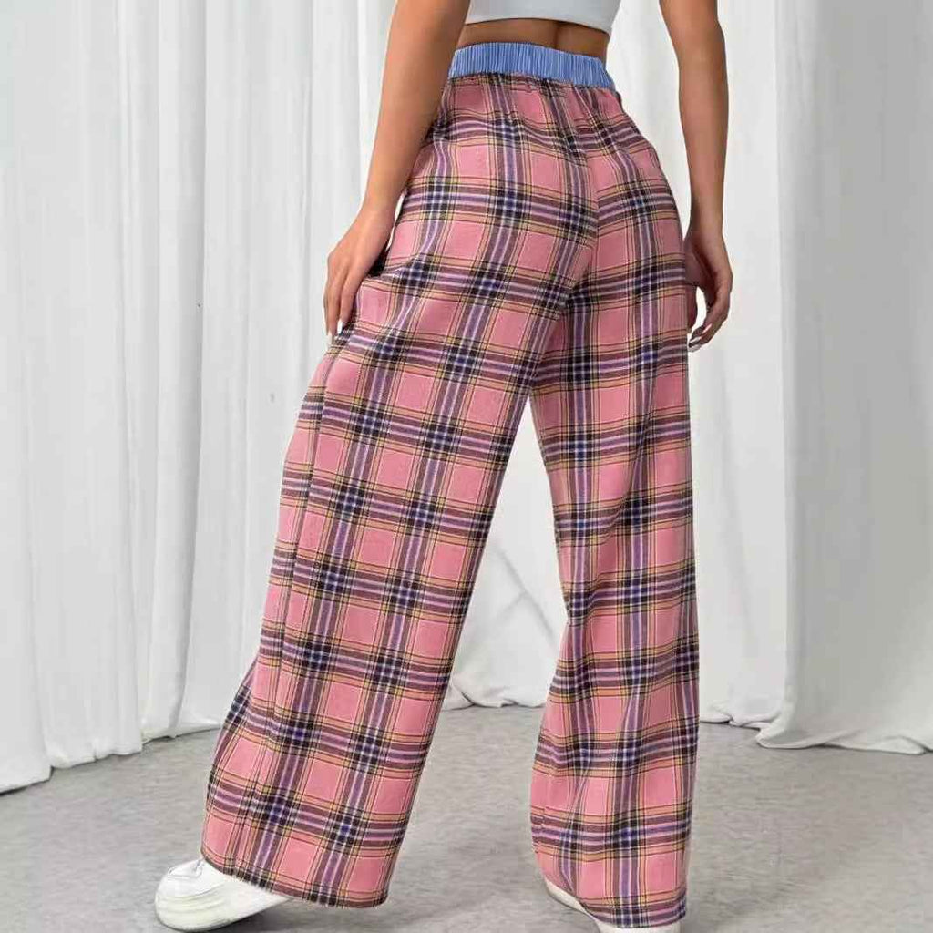 Millennium Sexy Sweet Cool Plaid Color Block Stitching Waist Head Straight Leg Trousers