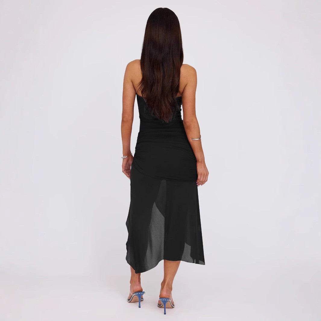 Women Clothing Summer Wind Sexy Tube Top Backless Slim Fitting Patchwork Mesh Irregular Asymmetric Dress - ALZO