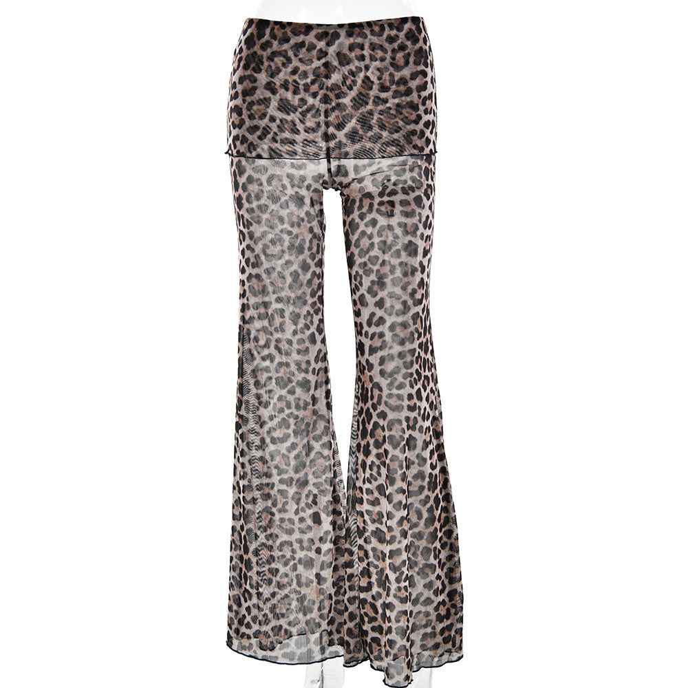 Summer Sexy Leopard Print Mesh Floral Print Trousers Women High Waisted Boot Cut Pants