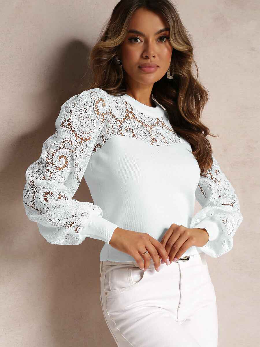 Patchwork Lace Women Commuting Wear High Grade Intellectual Hollow Out Cutout Out Long Sleeve Unique Chic T shirt