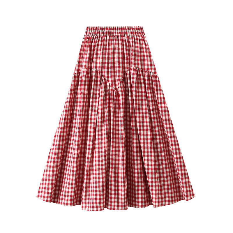 Retro Plaid High Waist Big Swing A line Skirt Women Slimming Casual Long Skirt - ALZO