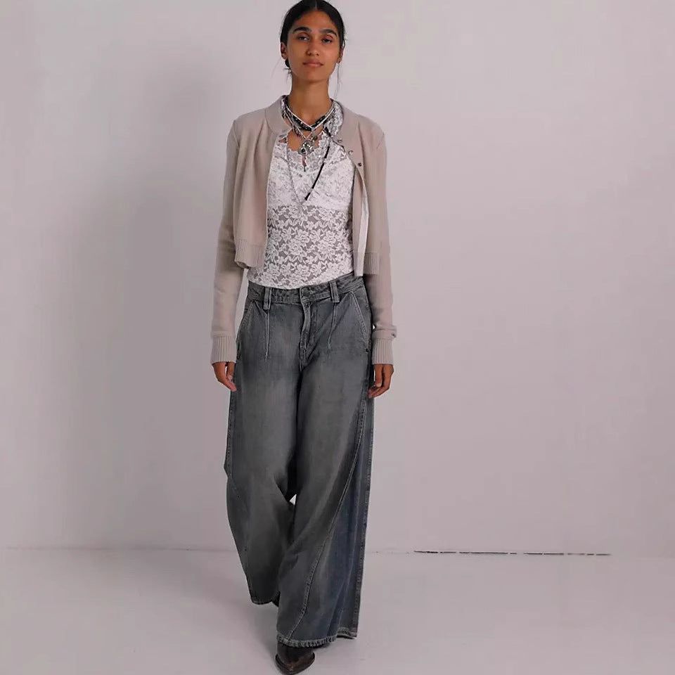 Wide Leg Jeans Tide Brand Women Clothing Washed Worn Loose Straight Long Pants - ALZO
