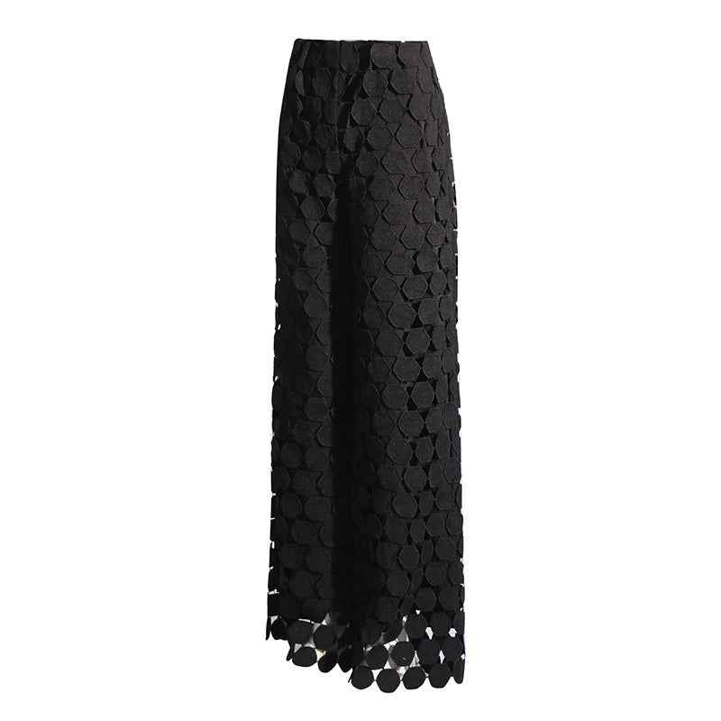 Fashionable Elegant round Design Tassel Hollow Out Cutout out Embroidered High Waist Wide Leg Pants Spring Straight Trousers