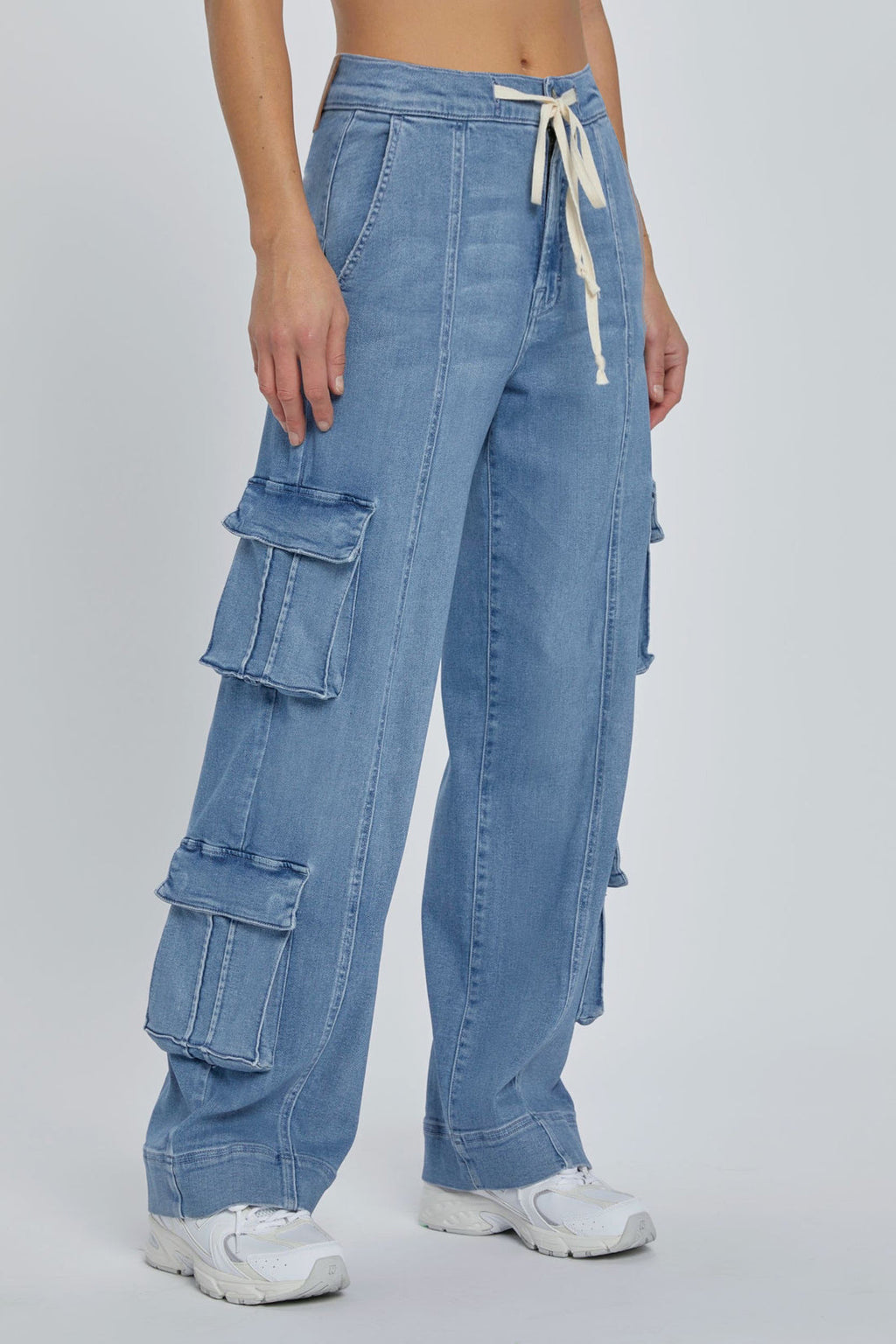 Spring Street Washed Cargo Pants Women Multi Pocket Wide Leg Lace up Jeans - ALZO