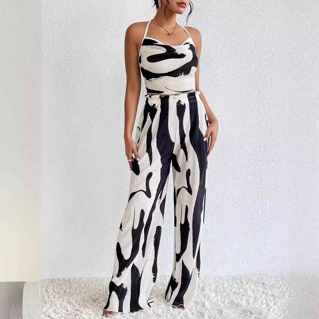 Women Clothing Summer Big Pit Stripe Printed Halter Wide Leg Trousers Casual Sets