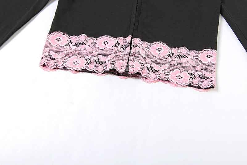 Fall Women Clothing Street Cool Contrast Color Lace Stitching Hooded T Shirt Casual Sports Trousers Suit