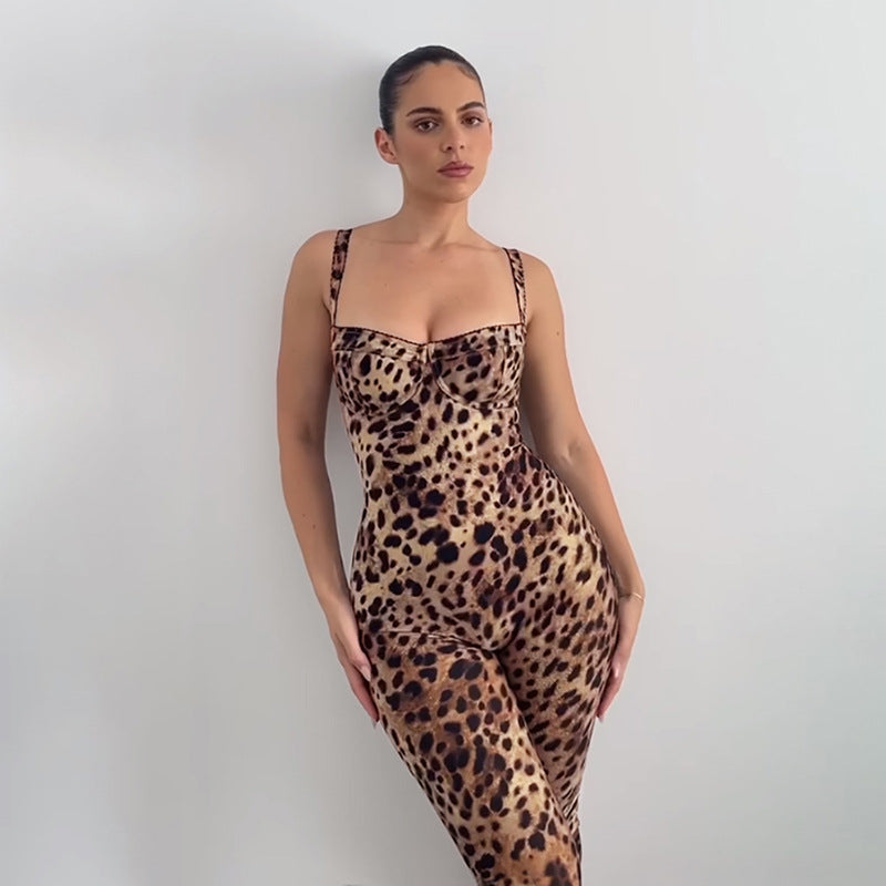 Spring Sexy Sling Backless Leopard Print High Waist Tight Hip Lifting Jumpsuit - ALZO