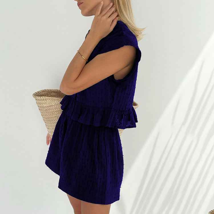 【MOQ-5 packs】 Summer Jacquard Short Sleeve Sense of Design Shirt Casual Office Shorts Set for Women