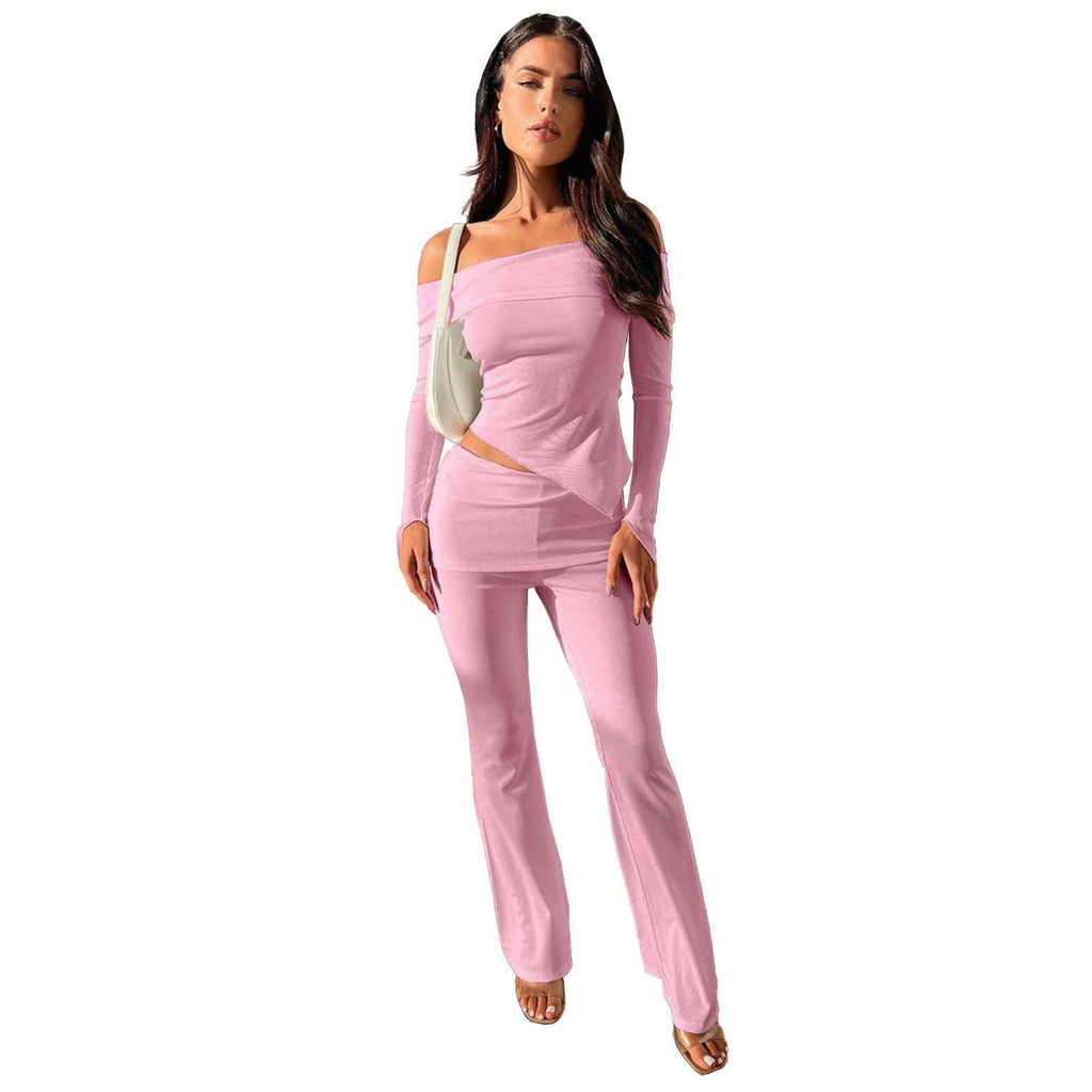 Women Clothing Small Sunken Stripe Irregular Asymmetric off Shoulder Collared Waist Bell Bottom Pants Two Piece Set