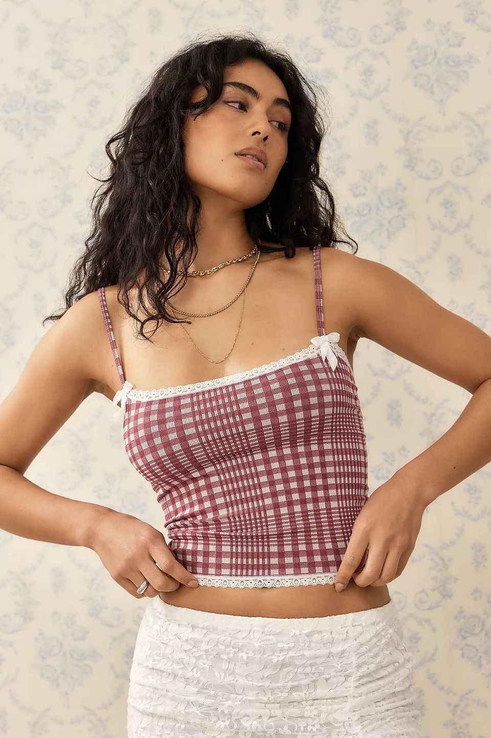 Summer Women Clothing Plaid Lace Sling Slim Fit Tank Top Sweet Spicy