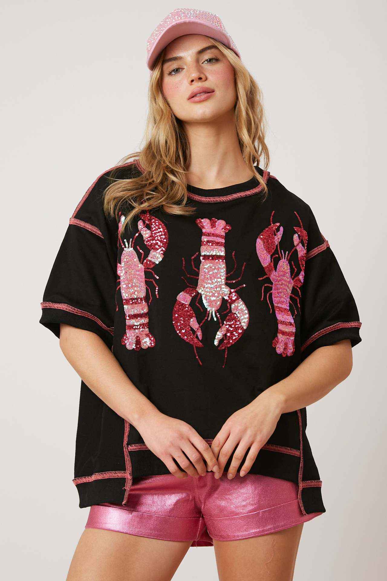 Summer Women Clothing Loose Casual Top Lobster Sequined T shirt Short Sleeve Women