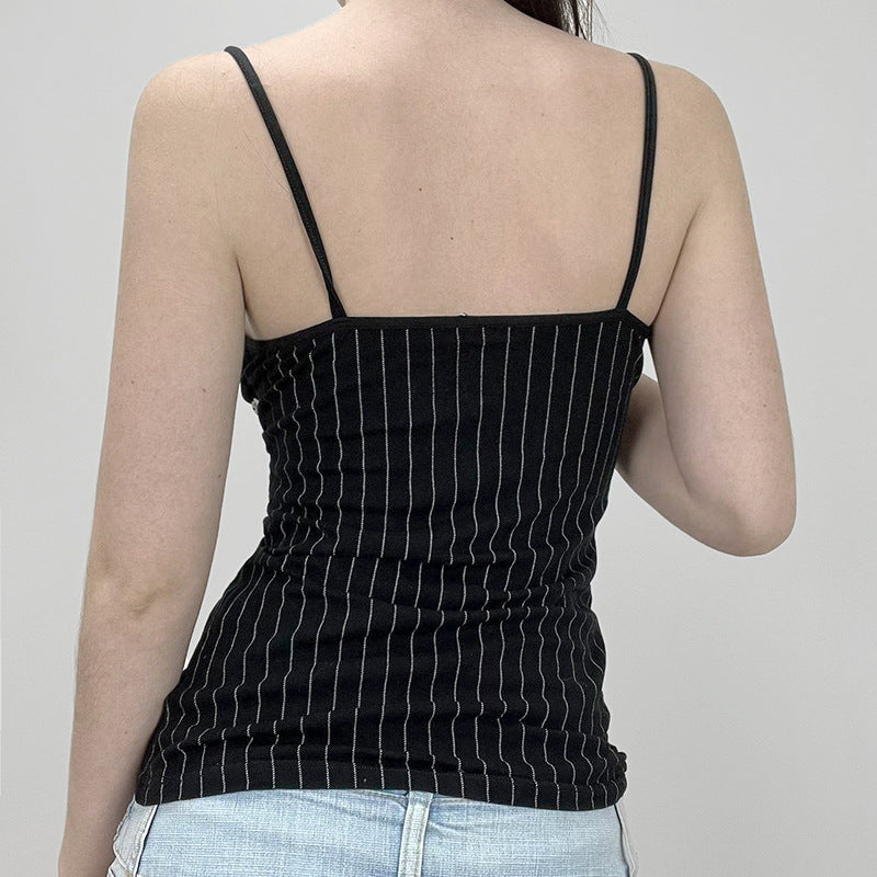 Personalized Black White Striped Lace V neck Patchwork Camisole Sexy Back Inner Wear Blouse - ALZO